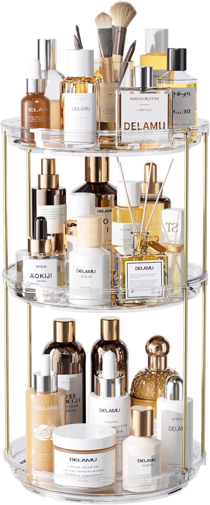 Delamu Rotating Makeup Organizer for Vanity, 2 Tier Skincare Organizer for Bathroom Counter, Spinning Perfume Organizer Cosmetic Holder with Large Capacity, Clear