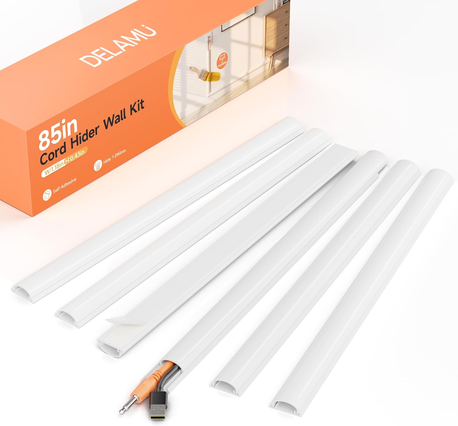 Delamu 85in Adhesive Cord Hider Wall, Mounted TV Cord Cover Kit, Multiple Cable Raceways for Wall Corner, Wire Cover Hiders for 1-2 Cables