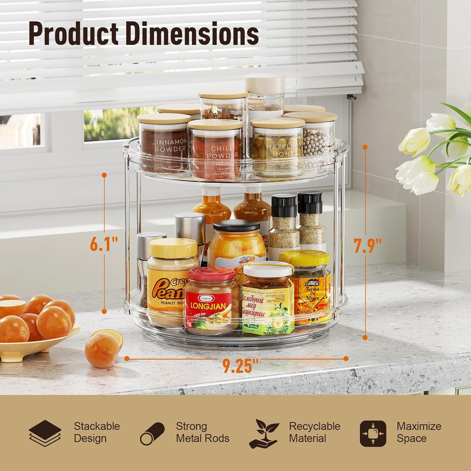 2 Tier Lazy Susan Organizer, 9.25'' Lazy Susan Turntable for Cabinet, Stackable Turntable Organizer Rotating Spice Rack Organization for Kitchen Countertop, Pantry, Bathroom, Clear