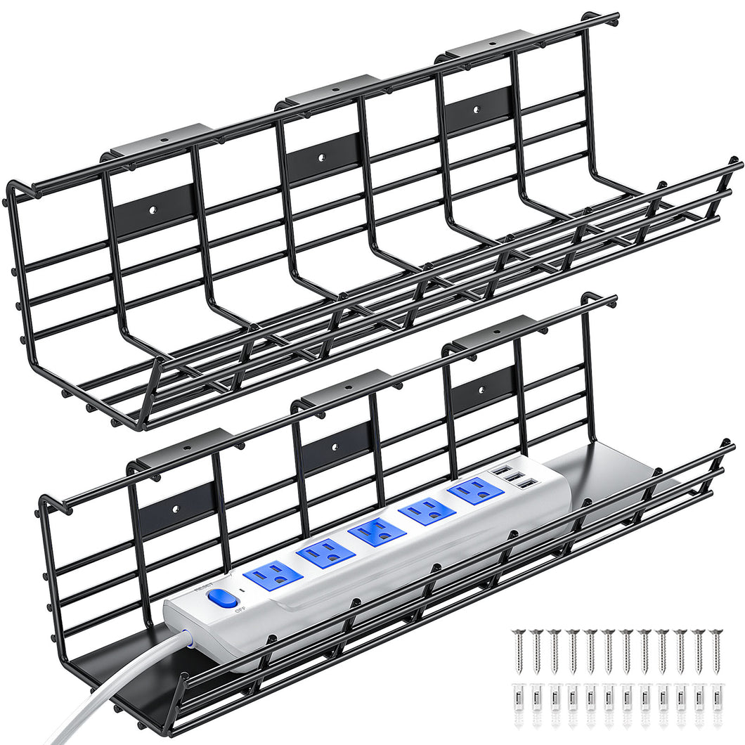 Under Desk Cable Management Tray, 15.7'' Cable Management Under Desk No Drill Steel Desk Cable Organizers, Desk Cable Tray with Wire Organizer and