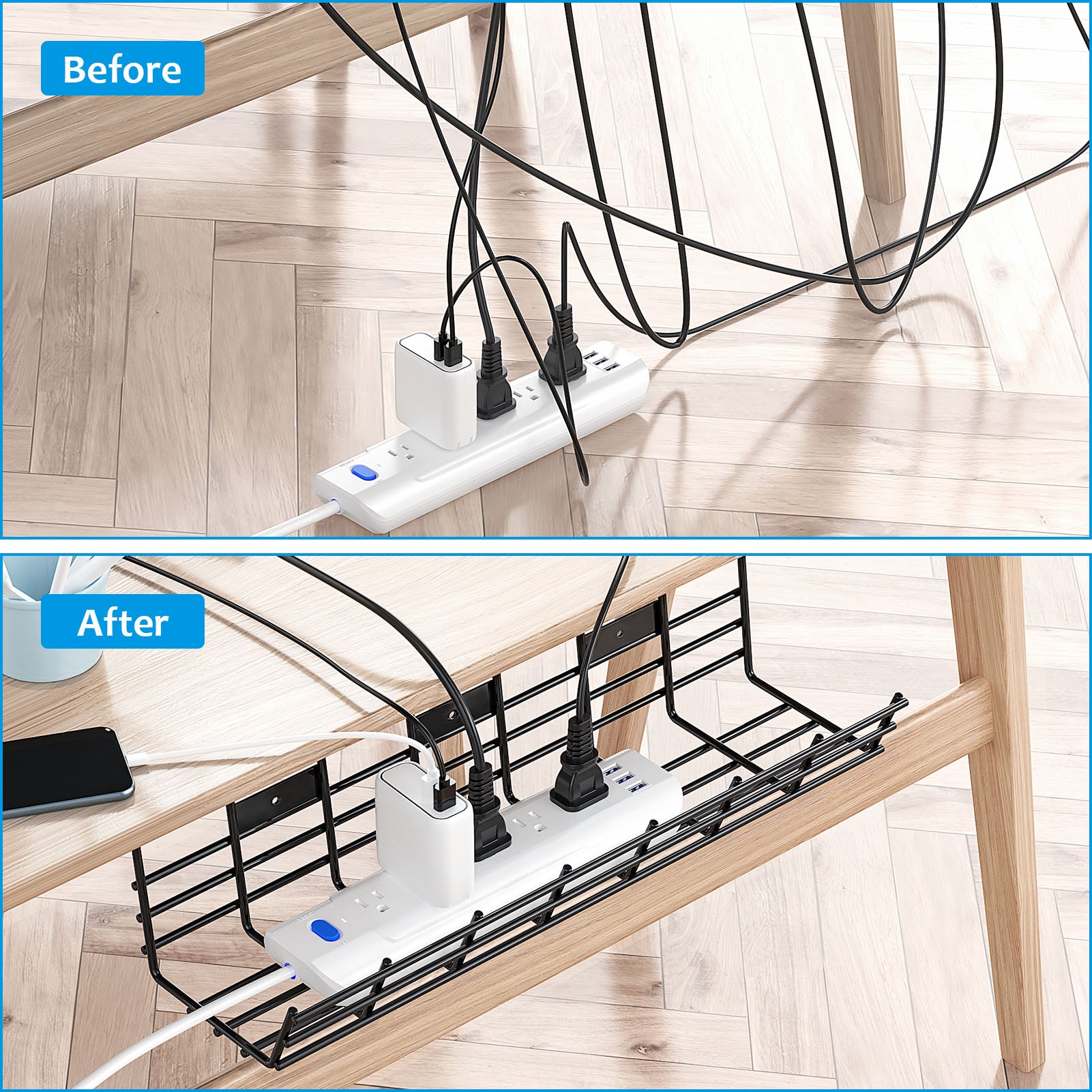 Under Desk Cable Management Tray, 15.7'' Cable Management Under Desk No  Drill Steel Desk Cable Organizers, Desk Cable Tray with Wire Organizer and Desk  Cord Organizer for Home 