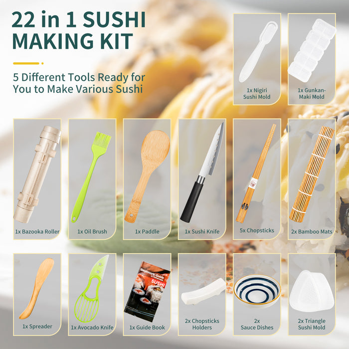 22 in 1 Sushi Maker Bazooker Roller Kit with Bamboo Mats