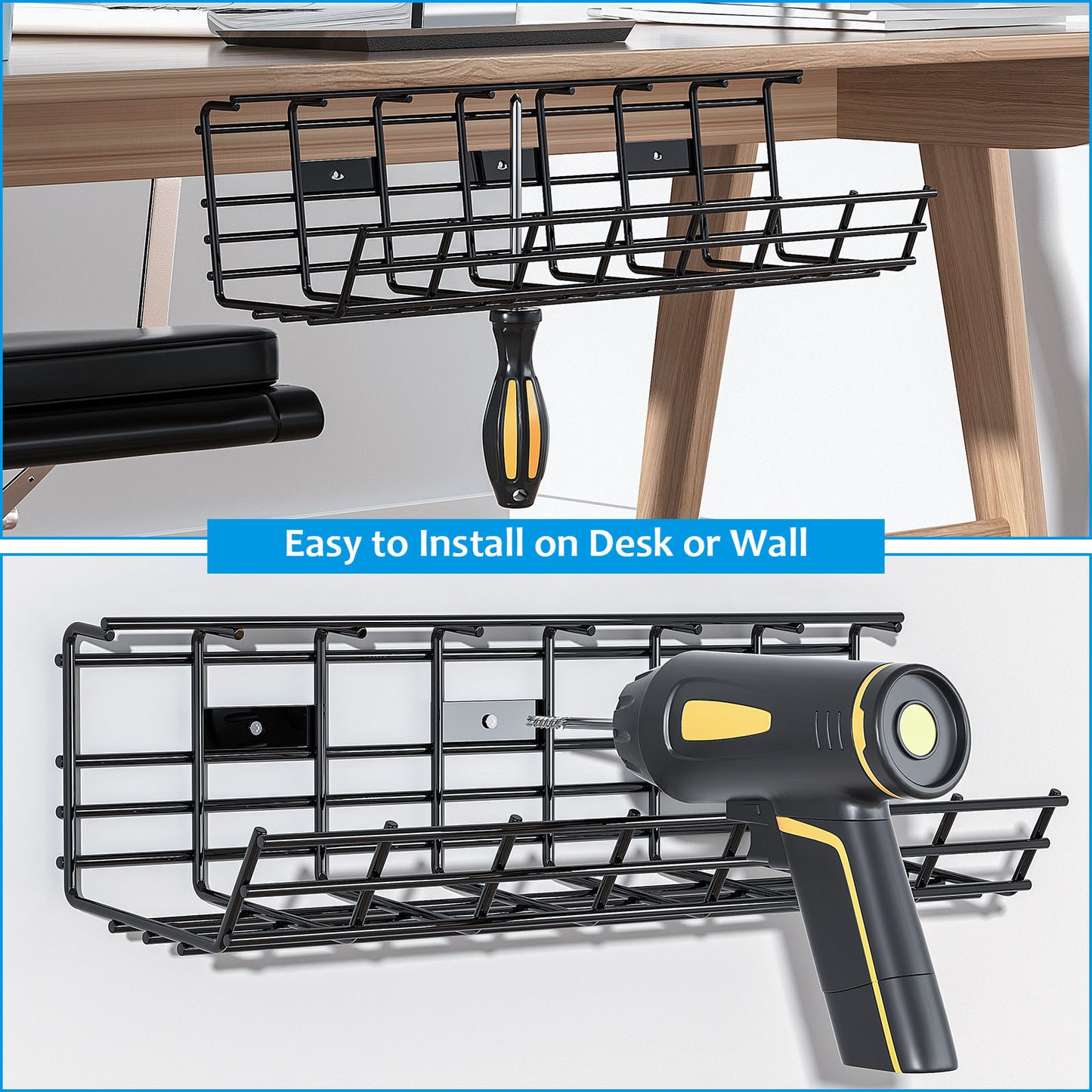 2 Pack Under Desk Metal Foldable Cable Management Tray