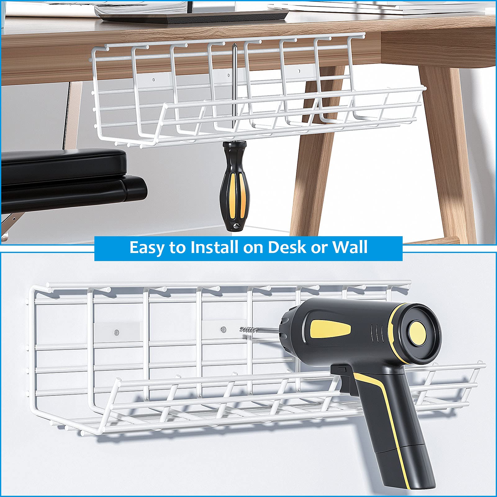 Under Desk Cable Management Tray, 15.7'' Cable Management Under Desk No Drill Steel Desk Cable Organizers, Desk Cable Tray with Wire Organizer and