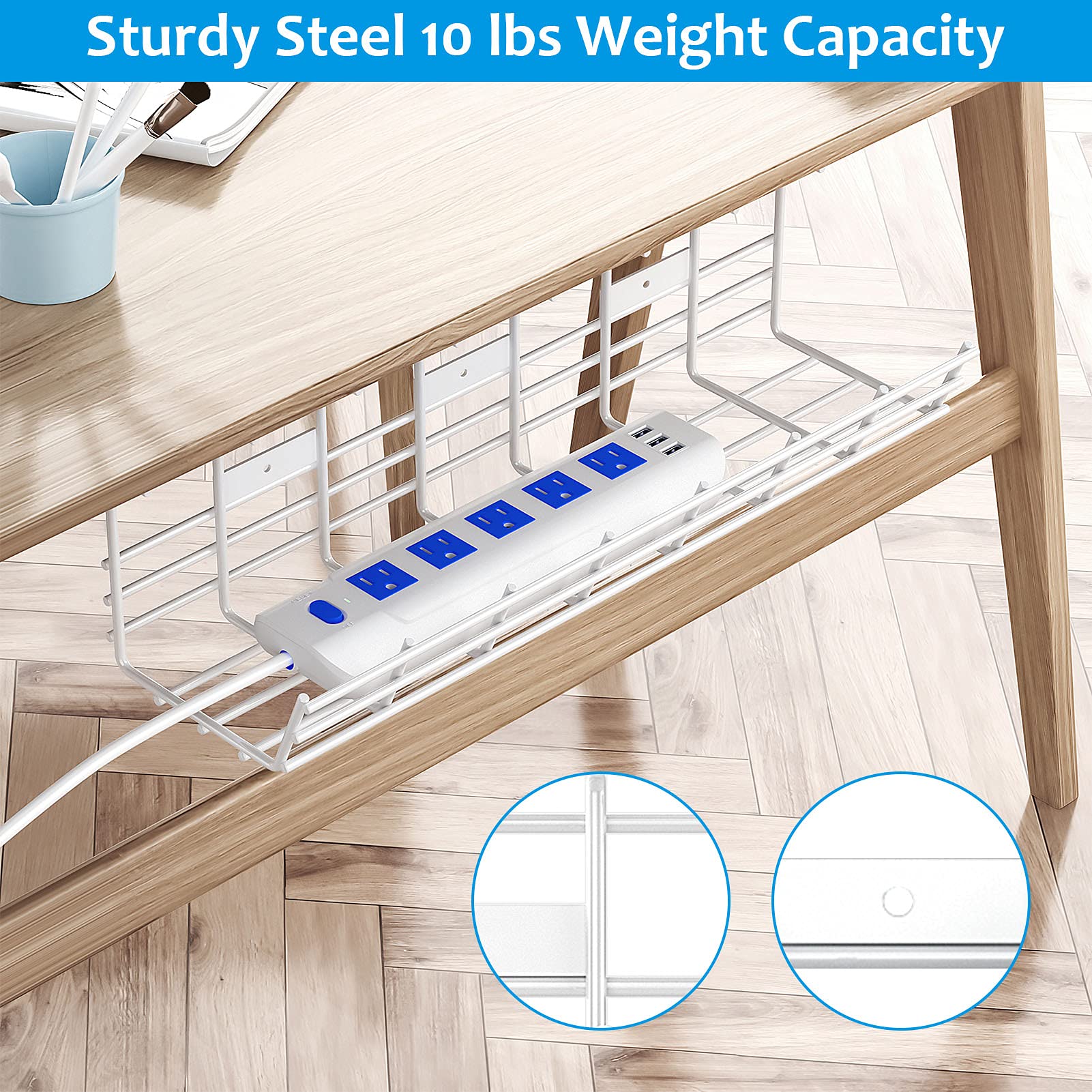 Under Desk Cable Management Tray, 15.7'' Cable Management Under Desk No Drill Steel Desk Cable Organizers, Desk Cable Tray with Wire Organizer and